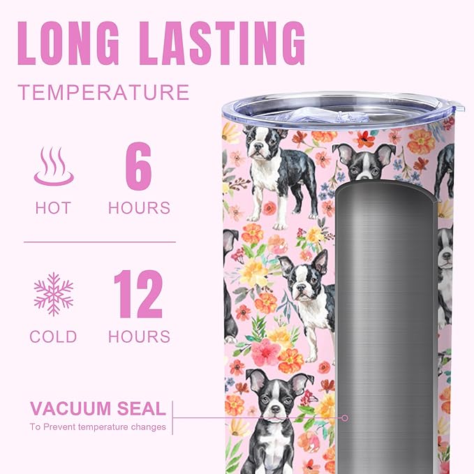 Yogusut Boston Terrier Gifts for Women, 20oz Stainless Steel Insulated Tumbler Travel Mug Cup with Lid Straw Brush, Gifts for Dog Mom Dog Lover