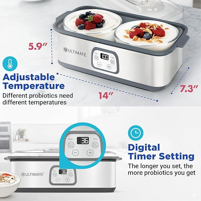 Ultimate Probiotic Yogurt Maker with Adjustable Time & Temp Control - Make Trillions of Live Probiotics with Two 1-Quart Containers for Larger Batches - Greek Yogurt Maker - ULTIMATE LIFETIME WARRANTY