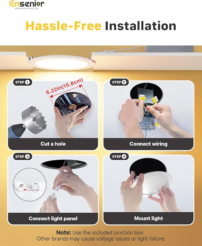 Ensenior 4 Pack 6 Inch LED Recessed Light, Dimmable, 6000K Clear White, 1200LM High Brightness, 12W 120V, 2 Pin, ERL-12X-ETL, Damp Rated, Ultra-Thin Canless Wafer Ceiling Light - ETL & FCC & IC