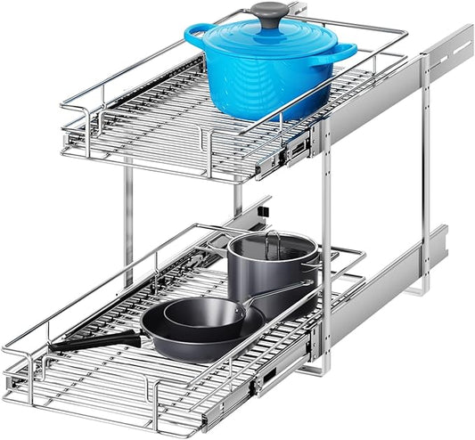 2 Tier Individual Pull Out Cabinet Organizer 10쩍" W x 21쩍" D, Heavy Duty Cabinet Pull Out Shelves, Slide Out Drawers Organization for Kitchen Cabinets Bathroom