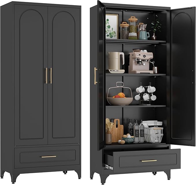 75??Kitchen Pantry Storage Cabinet,Metal Tall Storage Cabinet with Drawers and Adjustable Shelves,Modern Kitchen Hutch Cabinets,Freestanding Cupboard for Dining Room
