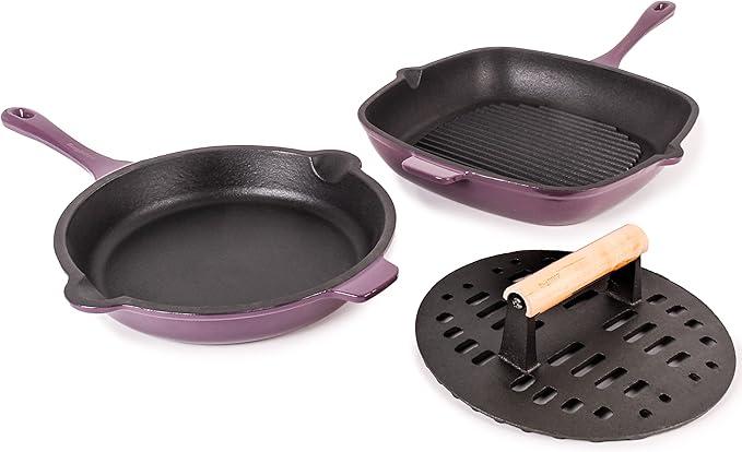 Berghoff Neo 3Pc Enameled Cast Iron Cookware Set, Fry Pan 10 inches, Grill Pan 11 inches, Slotted Steak Press, Fast, Evenly Heat, Oven safe (Purple)