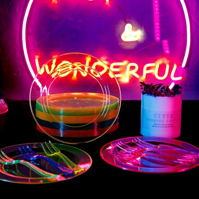 supernal 200pcs Appetizers Plates includ 100pcs Plastic Forks 100pcs Neon Party Plates Colorful Rainbow Disposable Party Plate and Dispsoable Forks Set for Party Catering Birthday New Year