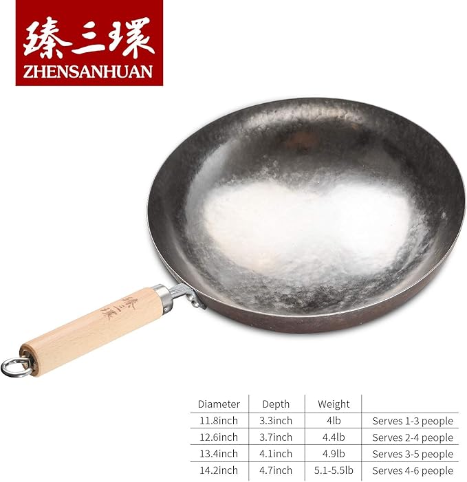 ?삡툒??ZhenSanHuan Chinese Hand Hammered Iron Pow Woks and Stir Fry Pans Wooden Handle Round Bottom (30CM, Silver-Not Seasoned)