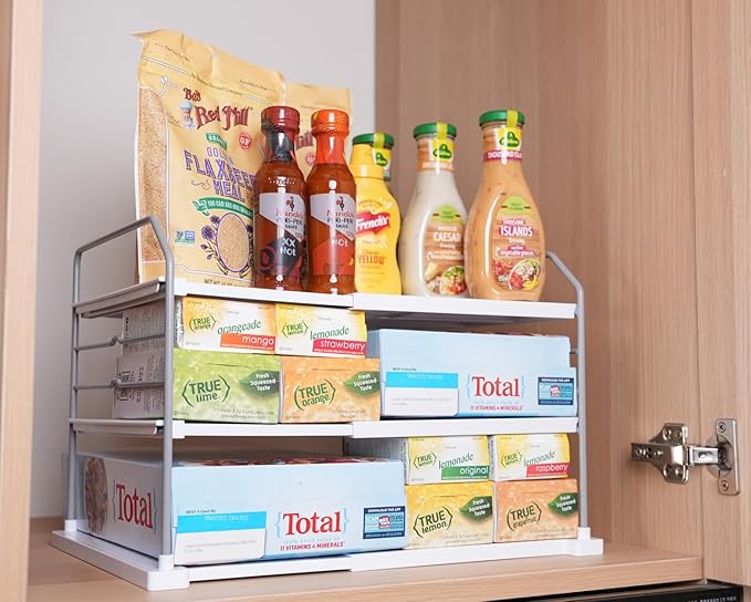 EVERIE Extendable 3-Tier Holder for Heavy Items, Jars, Bottles, Cans, Plastic Bags, Wrap, Foil, Snack and Box for Kitchen,Counter, Cabinets, 11'' to 16.7'' Wide (11??- 16.7??Wide, Piece, 1)