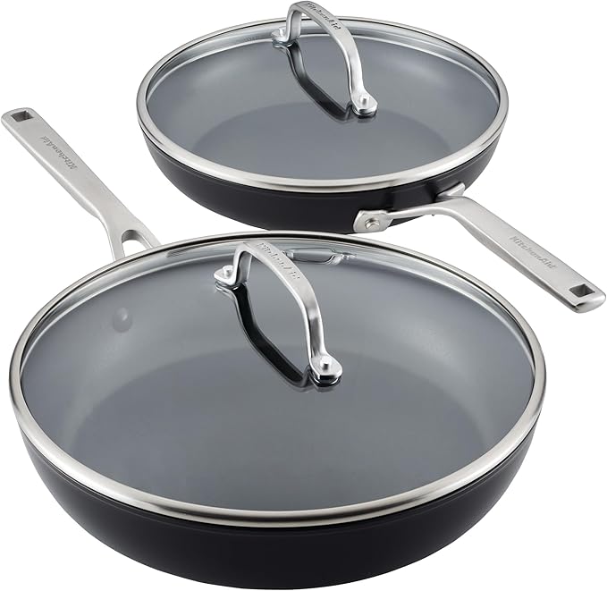 KitchenAid Hard Anodized Induction Nonstick Frying Pan Set With Tempered Lids, 4-Piece - 10 & 12 Inch ??Durable, Even Heating, Oven Safe to 500째F, Dishwasher Safe, Easy-Clean