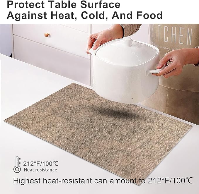 LANDVIEW Leather Heat Resistant Placemats Set of 6 Waterproof Wipeable Washable PU Table Mats,Easy to Clean Anti-Slip Place Mats (Dark Brown, 6)