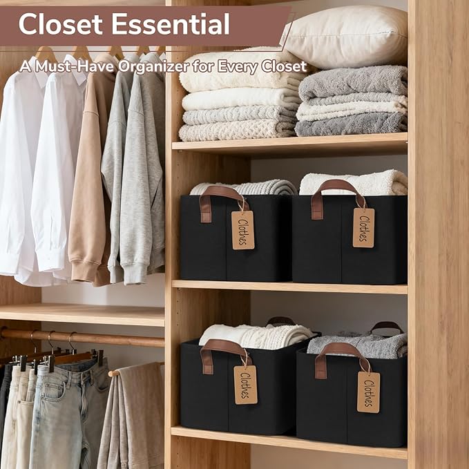 CHICVITA 4 Pack Storage Baskets for Shelves, Collapsible Fabric Closet Storage Bins with Metal Frame, Towel Organizer for Bathroom Living Room, 14.8" x 10.3" x 8.3", Black
