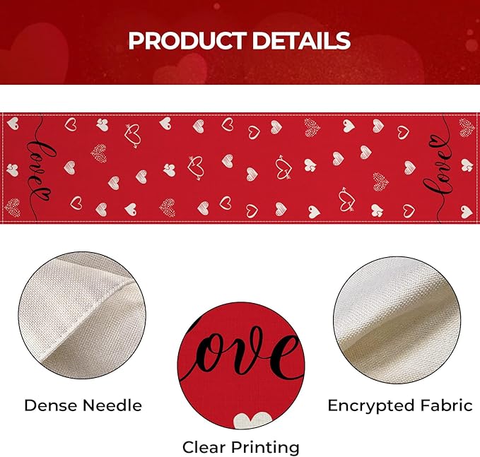 Valentines Day Table Runner 13x72 Inch, Love Hearts Valentine Table Runner, Anniversary Home Kitchen Dining Table Holiday Party Decorations (Red)