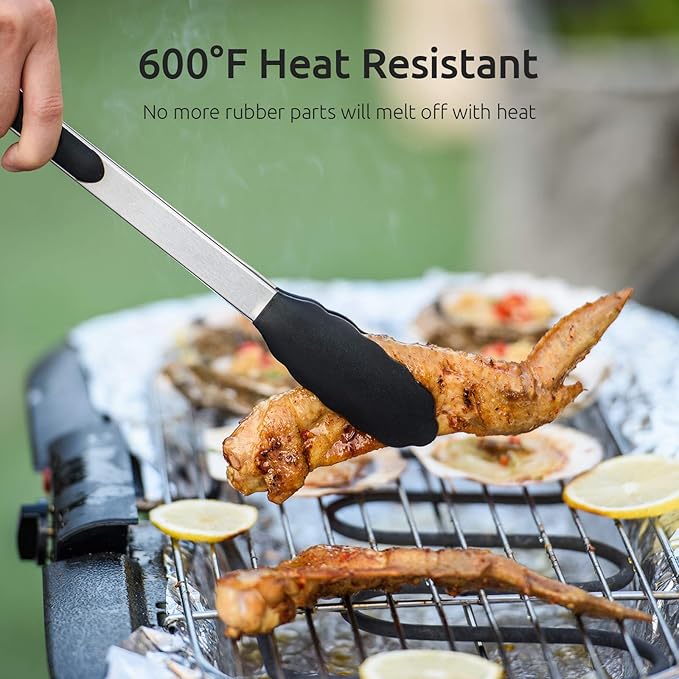Kitchen Tongs, U-Taste 7/9/12 inches Cooking Tongs, with 600쨘F High Heat-Resistant Non-Stick Silicone Tips, 18/8 Stainless Steel Handle, for Food Grill, Salad, BBQ, Frying, Serving, Pack of 3(Black)