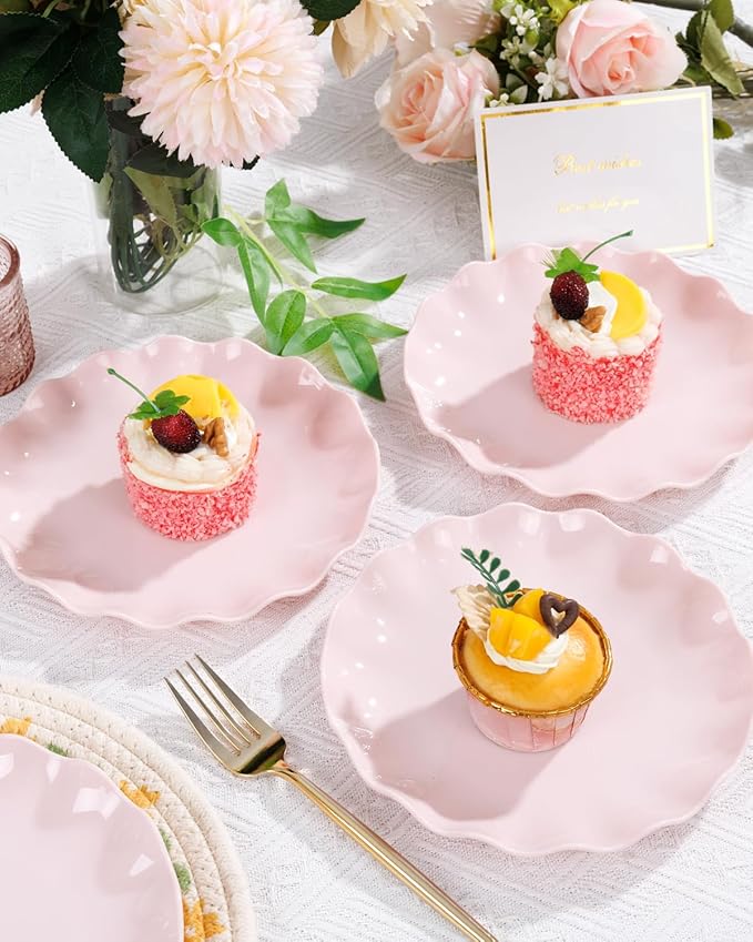 LIYH 20 Pcs 7.5 Inch Pink Scalloped Plastic Plates Reusable - Unbreakable Plastic Cake Dessert Plates for Weddings Party Outdoor Picnics Dishwasher Safe BPA Free (20Guests)