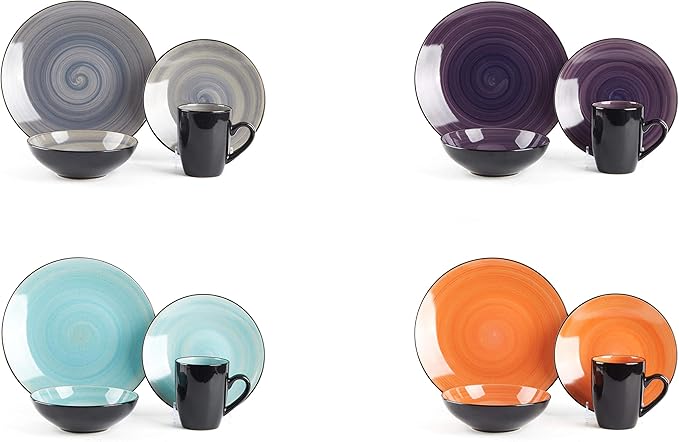Stoneware Sonoma 16pc Dinnerware Set, Black + Speckled Spin Wash Mix Colors Grey, Orange, Purple, Turquoise