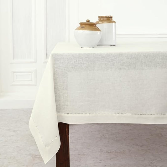 Solino Home Linen Tablecloth 60 x 132 Inch - Classic Hemstitch 100% Pure Linen Ivory Table Cloth for Rectangle Tables - Machine Washable Tablecloth for Spring, Easter