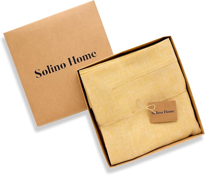 Solino Home Linen Tablecloth 60 x 90 Inch - 100% Pure Linen Chambray Mustard Yellow Table Cloth for Rectangular Tables - Athena, Machine Washable Cloth Tablecloth