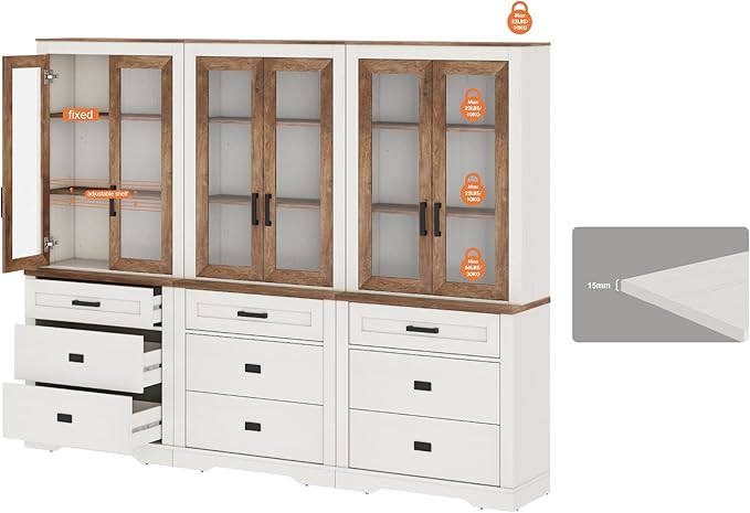 WAMPAT 3 Column 3 Tier Pantry Cabinet with Drawer,73.3" Tall Floor Standing Cupboard,Modern Farmhouse Kitchen Buffet with Adjustable Shelves and Glass Door for Dining Room,Living Room,White Oak