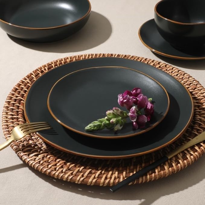 Gibson Home Hazeltine 16-Piece Black Stoneware Dinnerware Set ??Plates and Bowls, Durable Ceramic Kitchen Dinner Set