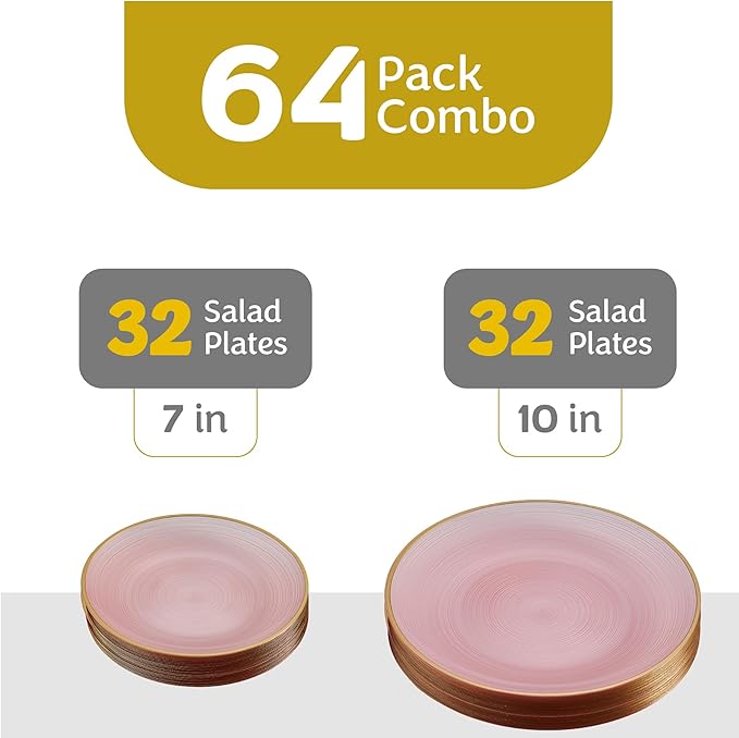 PLASTICPRO 64 Pieces Crystal Design Plastic Plates Combo Pack 7 inch and 10 inch Gold Rim Elegant Disposable Plates, Transparent Pink