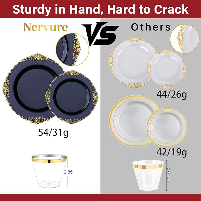 Nervure 350Pcs Blue Plastic Plates - Blue Gold Plastic Dinnerware Sets for 50 Guests - 100 Gold Disposable Plates, 50 Pre Rolled Silverware, 50 Cups Perfect for Wedding & Party & Independence