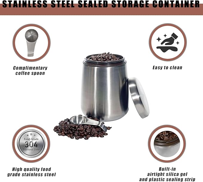 MEKBOK Coffee Canister,Airtight Stainless Steel Kitchen Food Storage Container with Date Tracker and Scoop for Grounds Coffee,Airtight Coffee Beans, Flour,Cereal,(18 OZ