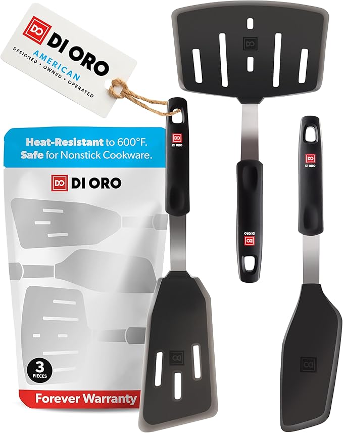 DI ORO Spatulas for Kitchen Use - Forever Warranty - 600째F Heat-Resistant Silicone - Turner Spatula Set for Cooking - BPA Free Wide Pancake Spatulas - Egg Flippers for Nonstick Cookware Safe (3pc)
