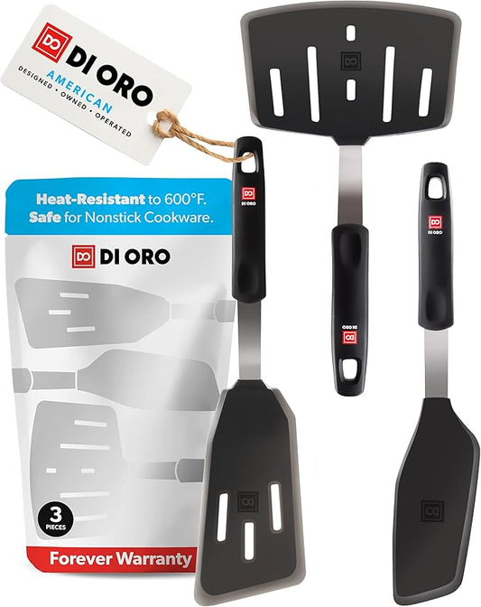 DI ORO Spatulas for Kitchen Use - Forever Warranty - 600째F Heat-Resistant Silicone - Turner Spatula Set for Cooking - BPA Free Wide Pancake Spatulas - Egg Flippers for Nonstick Cookware Safe (3pc)