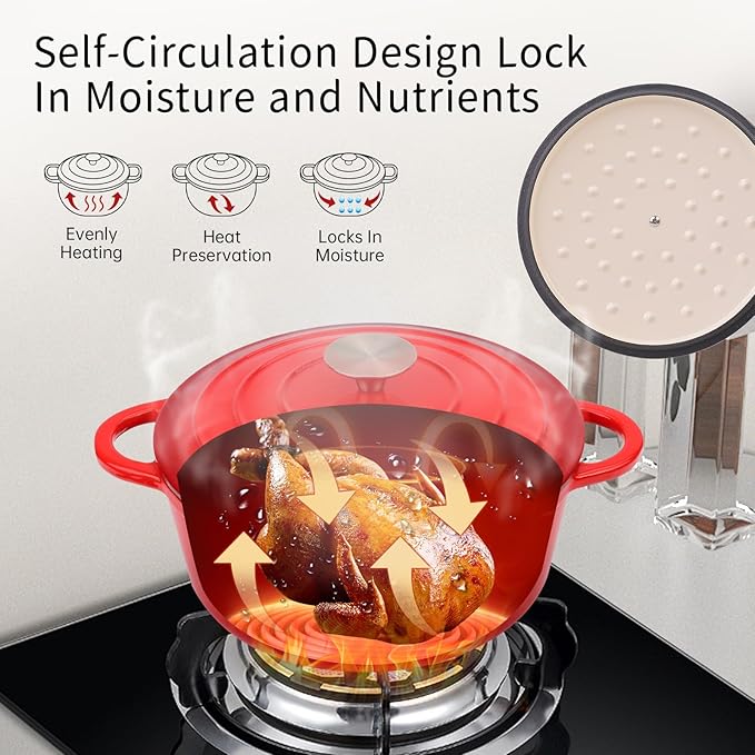 6 Quart Enameled Cast Iron Dutch Oven Pot with Lid and Silicone Accessories, Oven Safe up to 500째F or on Stovetop, Non-stick Dutch Oven for Bread Baking, Cooking, Dual Handles Cookware, Red