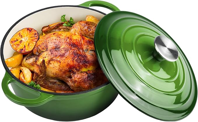 6 Quart Dutch Oven Enameled Cast Iron with Lid - Big Dual Handles - Oven Safe up to 500째F - Classic Round Pot for Versatile Cooking (Green, 6 QT)