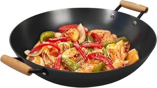 Cuisiland 14??Nitrided Cast Iron Wok ??Double-Handle Skillet, Rust-Resistant, Naturally Non-Stick, Beechwood Handles, Classic Cast Iron Heat Retention for Stir-Frying