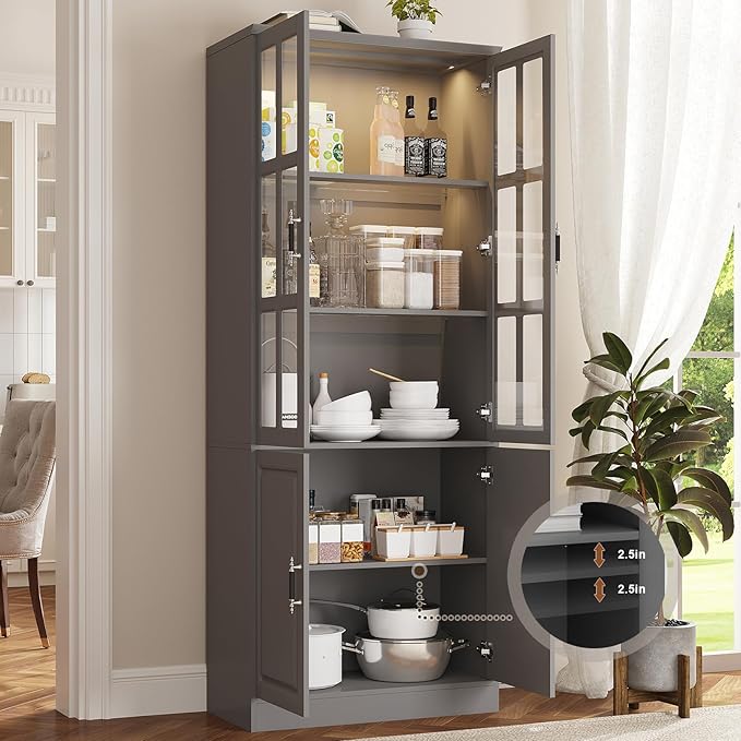 MEISSALIVVE Kitchen Pantry Storage Cabinet with LED Lights, 78.7" Tall with Glass Doors & Drawers, Freestanding Utility Cabinet, Grey (31.5" W x 15.7" D)