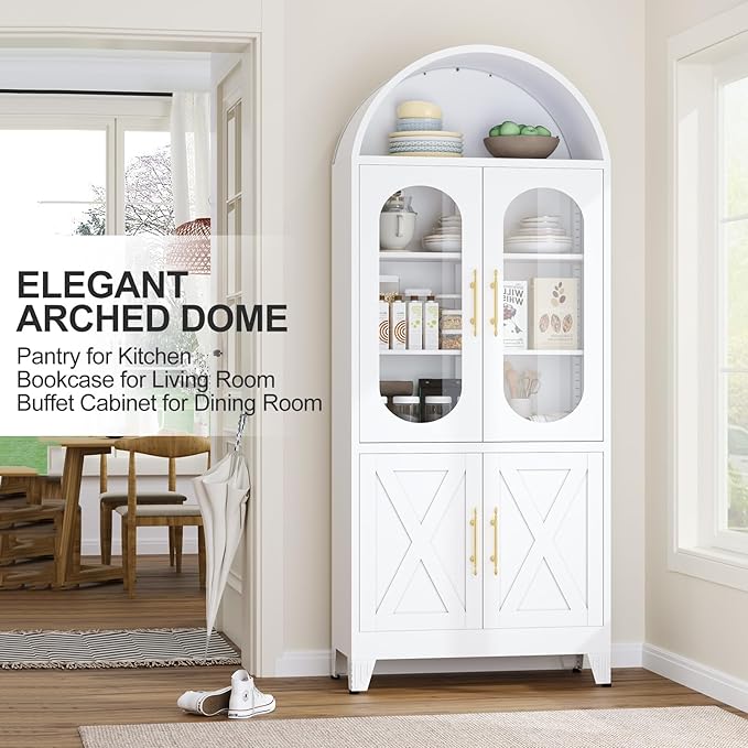 73" H Metal Tall Arched Kitchen Pantry Cabinet, Modern Farmhouse China Storage Cabinets with Glass Door and Adjustable Shelves, Versatile Cupboard for Kitchen, Dining Room, Bathroom (White)