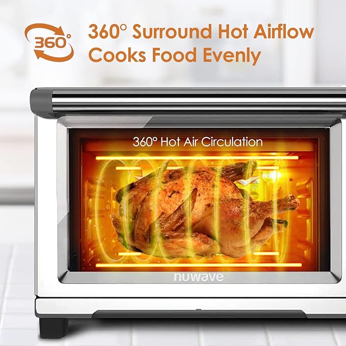Nuwave Bravo Air Fryer Convection Oven Countertop, 100-in-1 Smart Grill Combo,10 Toaster Settings, Finer Control of 5 Heaters & 3 Fan Speed, 50-500째F, Smart Thermometer, Stainless Steel, PFAS Free