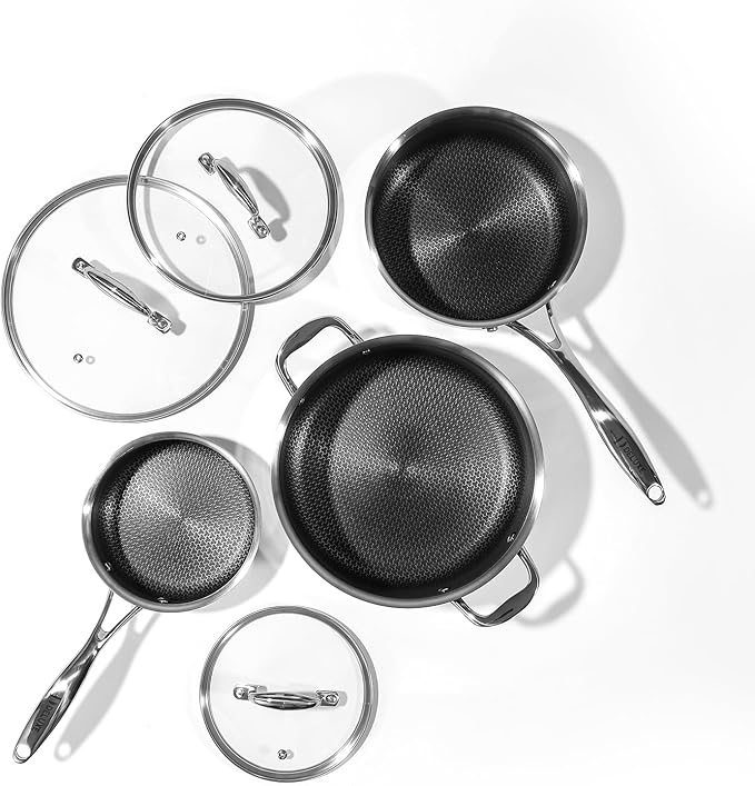 DELUXE Hybrid Nonstick 6 PCS Pot Set, 1.3, 3&5.4-Quart Pot with Tempered Glass Lid, Stainless Steel Cookware Pots with Stay-Cool Handle, Dishwasher Safe, Compatible with All Cooktops