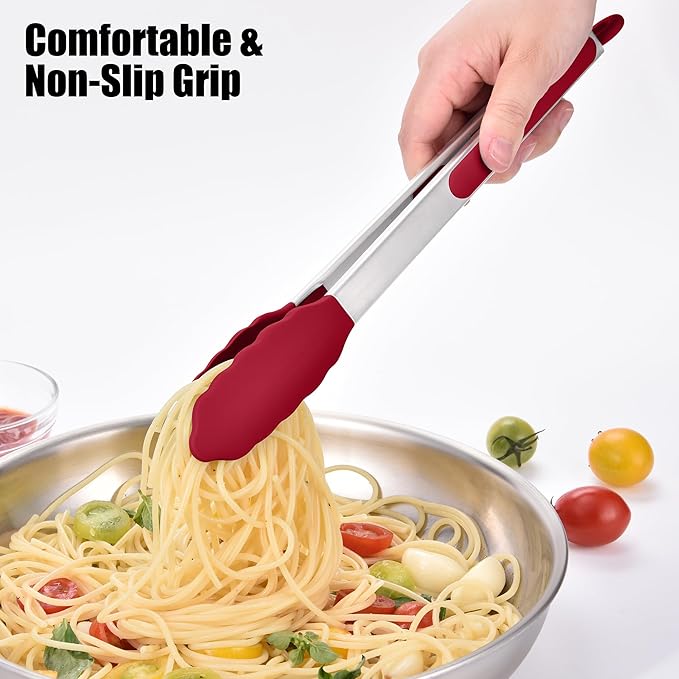 Doosu Kitchen Tongs for Cooking - 600째F Heat Resistant Food Tong with Non-Scratch Silicone Tips, Heavy Duty Stainless Steel Locking Tong for BBQ, Grilling Steak, Serving Salad, Pasta (12in, Red)