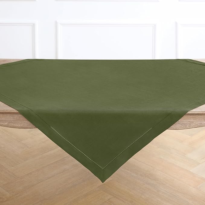 Solino Home Linen Tablecloth 52 x 52 Inch - 100% Pure Linen Olive Square Tablecloth - Classic Hemstitch, Machine Washable Table Throw