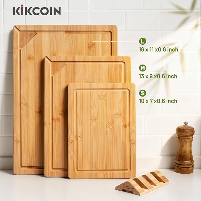 Kikcoin Bamboo Cutting Board for Kitchen, 3 Piece Wood Cutting Boards Set with Stand and Non-slip Feet, Knife Friendly Chopping-Board with Juice Grooves, Lightweight Serving Tray with Built-in Handles