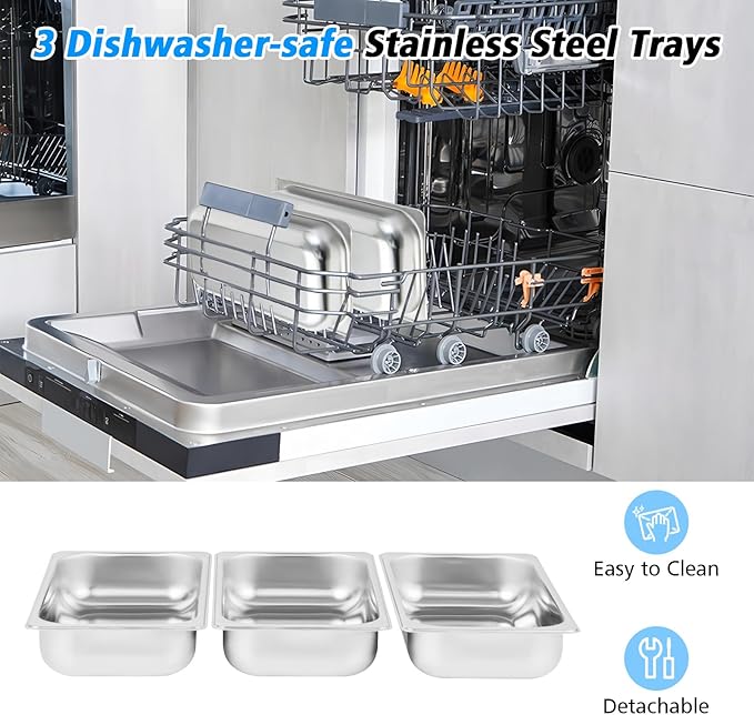 LDAILY Buffet Servers and Warmers, 8 QT Stainless Food Warmer w/Adjustable Temp, Triple Chafing Dishes & Clear Slotted Lids, 450W Electric Warming Trays for Buffets Party, Banquets, Holiday Events