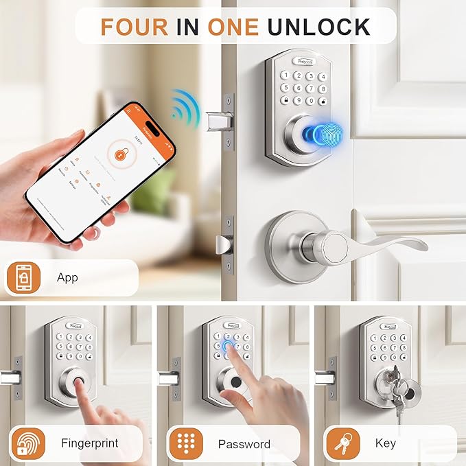Probrico Smart Door Lock Satin Nickel Keyless Entry Door Lock, Keypad Door Lock with Handle Fingerprint Deadbolt Handle Set