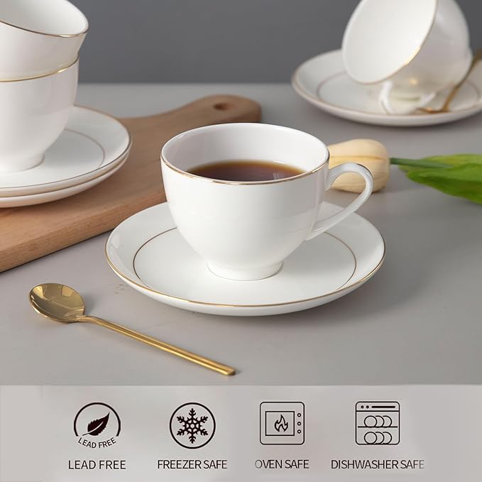 Bone China Tea Cups and Saucers Set (7 oz, Set of 4) ??White Luxury Fine Porcelain Mugs for Tea, Coffee, Latte Art, Barista Use, Elegant Gifting