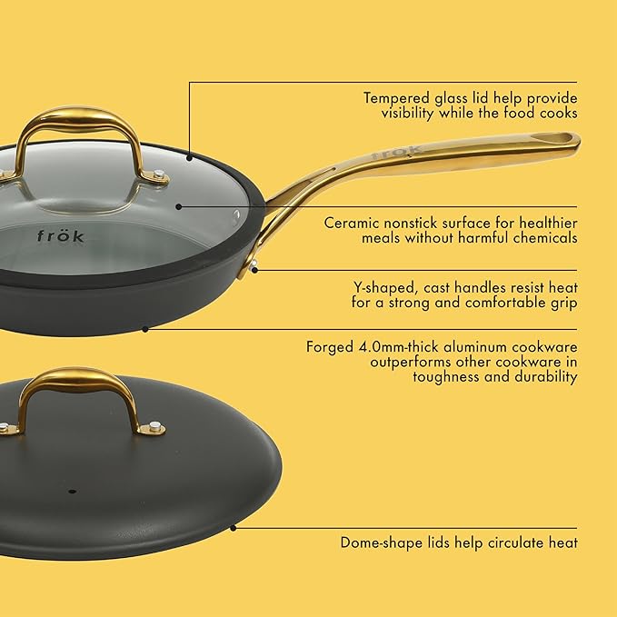 Frok 10 Piece Pots and Pans 4MM Thick Quick Heat Aluminum Cookware Set w/Premium PFA Free Ceramic Nonstick Interior Heat Resistant Exterior - Induction - Black & Gold