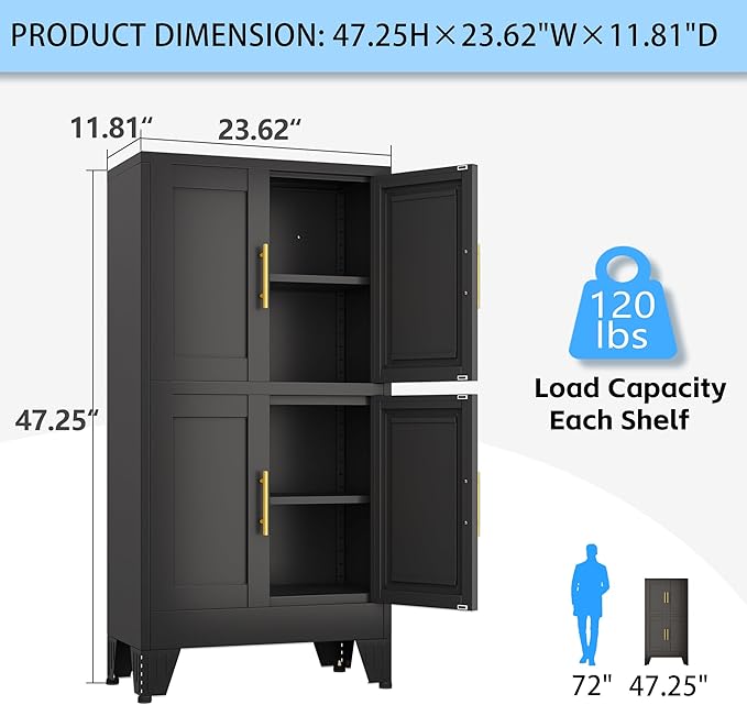 Metal Bathroom Storage Cabinet,Freestanding Bathroom Cabinet with 4 Doors and Adjustable Shelves,Bathroom Storage Organizer Unit,Floor Cupboard for Laundry Room,Kitchen, Living Room, Entryway（Black）