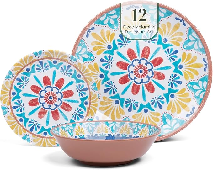 Larder & Vine 12-Piece Melamine Dinnerware Set: Durable, Lightweight, Break-Resistant Plates & Bowls ??Stylish, Non-Toxic, Dishwasher Safe ??Ideal for Everyday Use, Indoor & Outdoor Dining ??Southwest