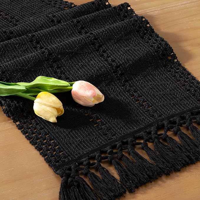 Socomi Boho Table Runner Valentine's Day Farmhouse Rustic Dining Kitchen Centerpiece Decor Small Macrame Woven Cotton Linen Coffee Table Runner for Dresser Scarf Home Decor 12x36 inch Black