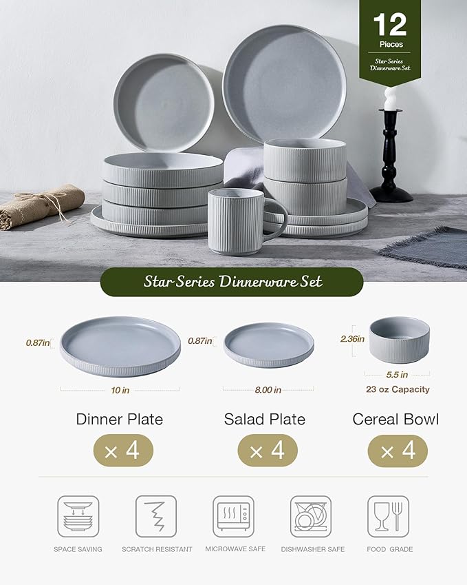 Famiware Star Dinnerware Set, Plates and Bowls Sets for 4 (12pcs), Ribbed Stoneware Dishes - Chip & Scratch Resistant, Microwave & Dishwasher Safe, Matte Gray
