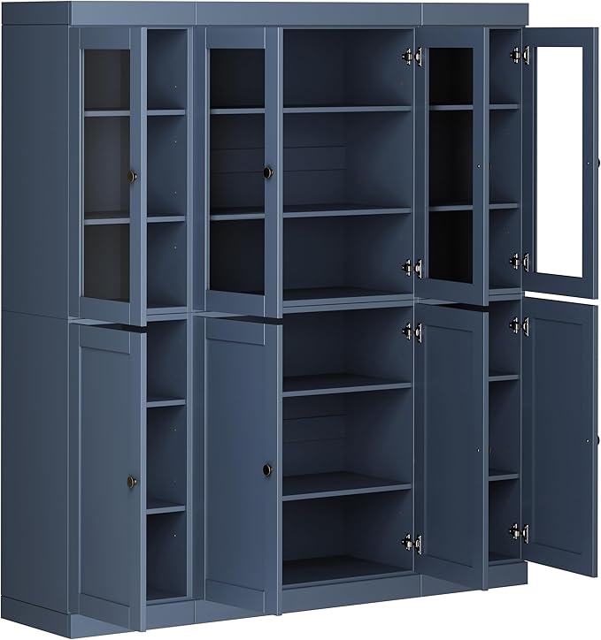 Palace Imports 100% Solid Wood Kitchen China Pantry Cabinet, 65" W - 4 Clear Glass & 4 Shaker Doors, Renewable Eco-Friendly Wood, Made in Brazil (Antique Blue, 8 China/Shaker Doors | NO Drawers)