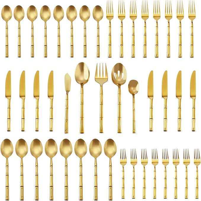 Silverware Serving Set 45-Piece Mirror Polishing Stainless Steel Gold Flatware Set Bamboo Pattern Cutlery Set Service for 8