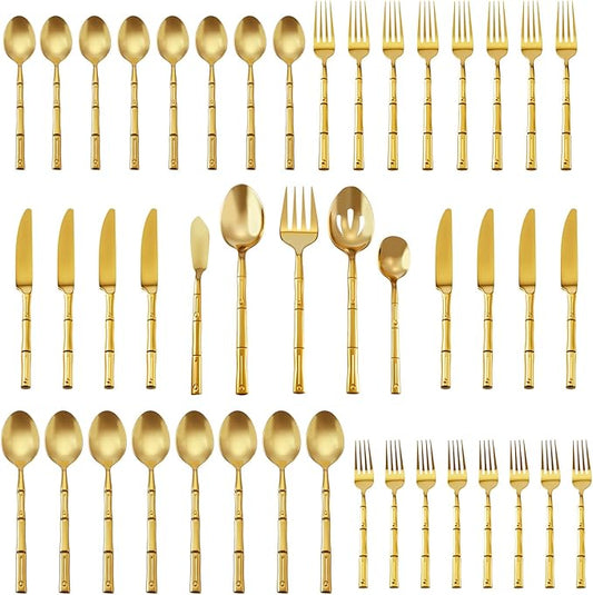 Silverware Serving Set 45-Piece Mirror Polishing Stainless Steel Gold Flatware Set Bamboo Pattern Cutlery Set Service for 8