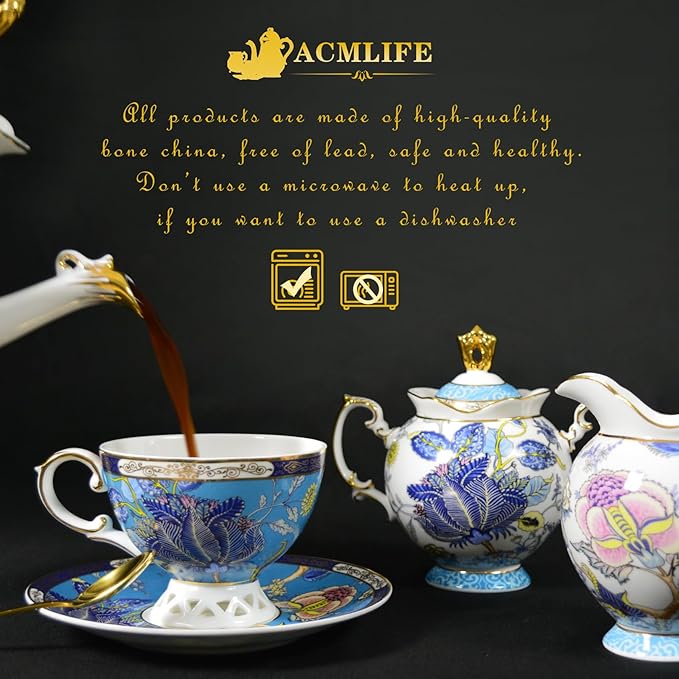 ACMLIFE Tea Sets for Adults for 6 - Tea Pot Sets with Cups Blue, Tea Sets for Women Tea Party, Fine Bone China 24K Gold, Vintage British English Porcelain Afternoon Service Sets for Luxury Gift