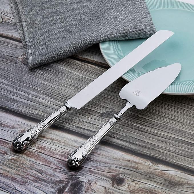 2 Piece Wedding Cake Server Set,18/10 Stainless Steel Dessert Set Pie Server Cake Cutter Knife for Birthday,Anniversary,Holiday,Baby Shower,Party (Versailles, Stainless steel-V)