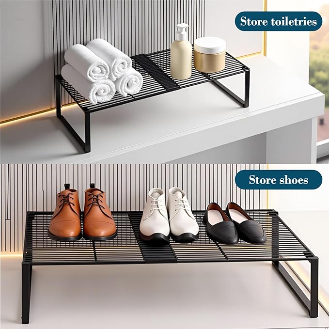 Extendable Metal Wire Shelf Organizer - Adjustable 15-24.4in Length, Stackable Storage Rack for Kitchen/Pantry/Bathroom/Shoe Cabinet/Tool Closet (1,Black)