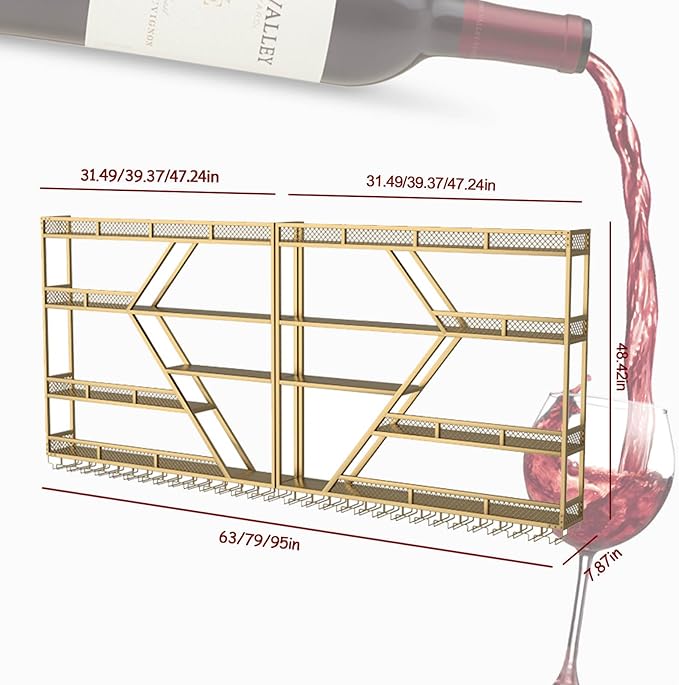 Wall Mounted Wine Rack, Large Metal Wine Bottle Holder, Modern Fashion Diamond Shaped Floating Bar Unit Wine Storage Shelves, for Home Restaurant Bars Decor (Gold, 4 Tier - 95in)